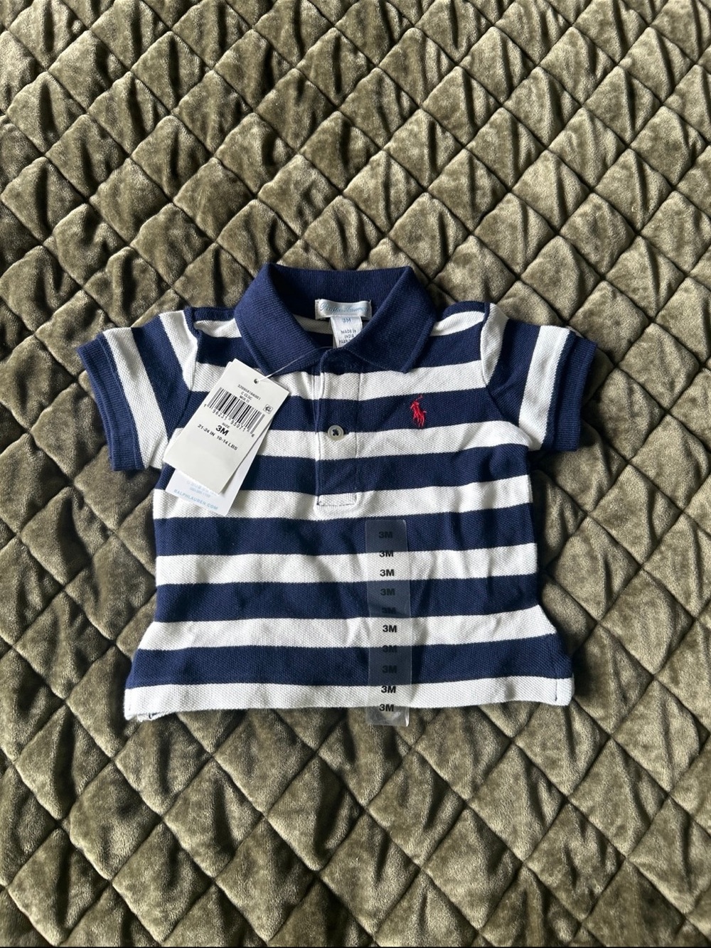 Ralph Lauren Navy & White Striped Baby Polo with Red Pony